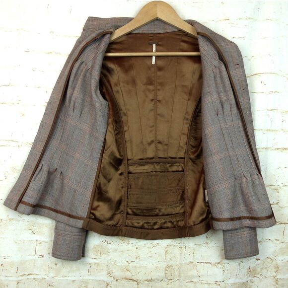 Free People Jacket Size 2 Brown Plaid Wool Button Pin Tuck Ruffle Back Military - Picture 9 of 13
